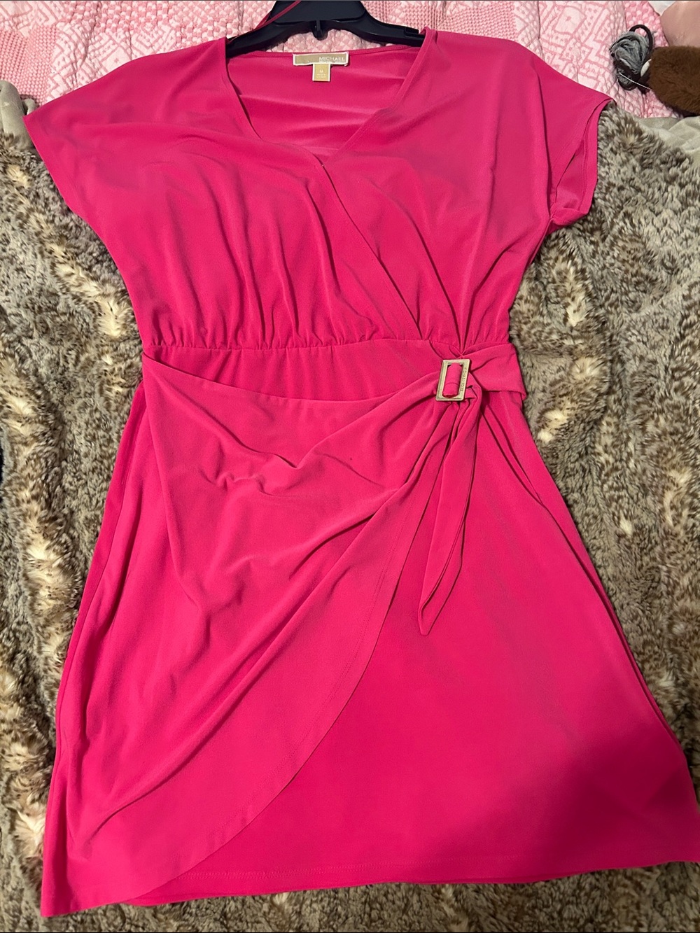 Michael Kors Hot Pink Wrap-Style Midi Dress with Buckle
